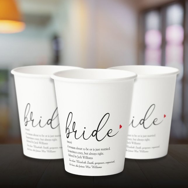 Gobelets En Papier Script de Fête des mariées de définition de mariée (Bride Definition Bridal Shower Script Modern Paper Cups)