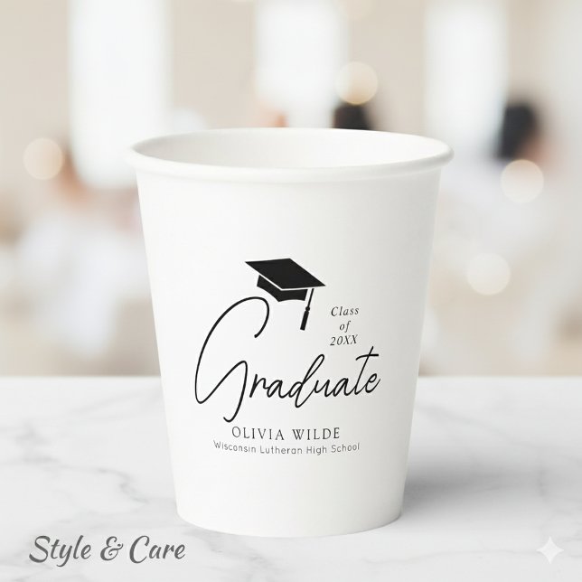 Gobelets En Papier Script personnalisable noir & blanc Graduation 8oz (Customizable Script Black & White Graduation 8oz Paper Cups)