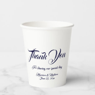 Gobelets En Papier Script personnalisé bleu marine blanc merci Mariag