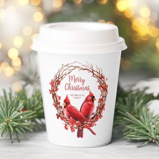 Gobelets En Papier Serre de Noël traditionnel Cardinal Rouge Festin (Christmas Wreath Traditional Red Cardinal Festive Paper Cups)