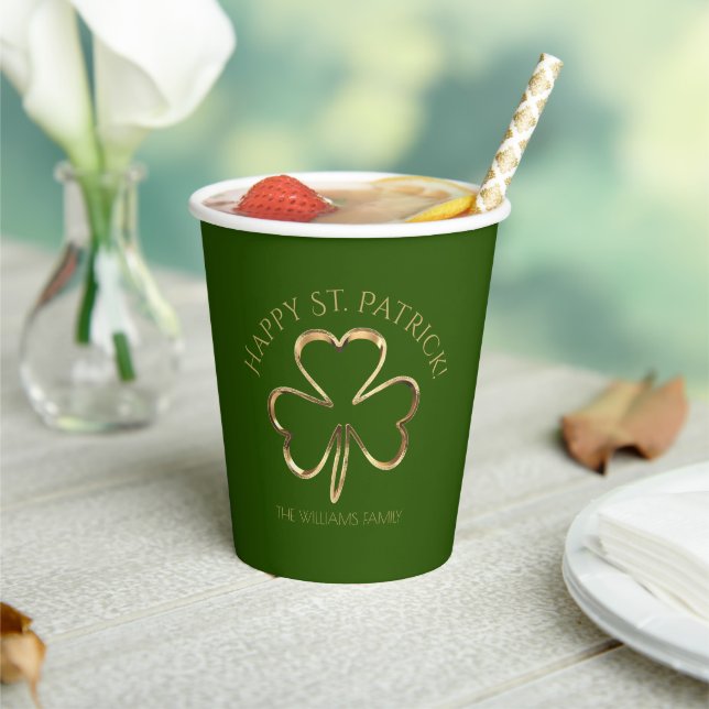 Gobelets En Papier Shamrock vert et or Clover St. Patrick's Day (Insitu)