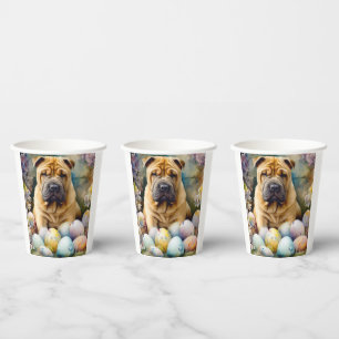 Gobelets En Papier Shar Pei Chien avec Oeufs de Pâques Vacances