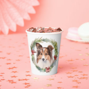 Gobelets En Papier Shetland Sheepdog Christmas Wreath Festive Pup
