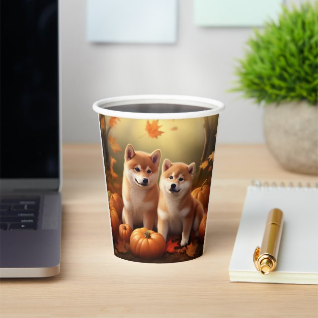 Gobelets En Papier Shiba Inu Chiot Automne Citrouille de plaisir (Insitu)