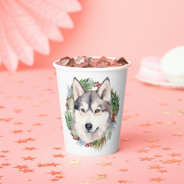 Gobelets En Papier Sibérie Husky Christmas Wreath Festive Pup (Insitu)
