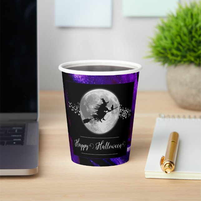 Gobelets En Papier Silhouette de sorcière violette Halloween (Insitu)