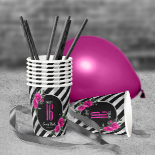 Gobelets En Papier Silver Foil Stripes Floral Hot Pink ID759