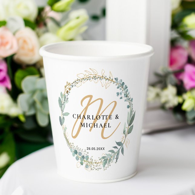 Gobelets En Papier Simple, élégant, monogramme, mariage eucalyptus (Simple, elegant, monogram, eucalyptus wedding paper cups with your monogram, names and date.)