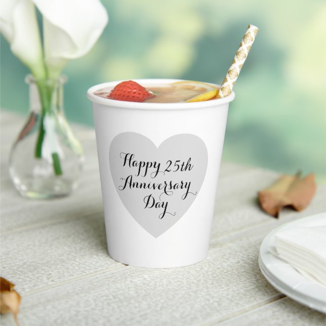 Gobelets En Papier Simple Happy 25th Anniversary Silver Heart Elegant (Insitu)
