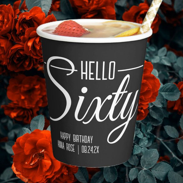 Gobelets En Papier Simple Noir et Blanc Bonjour Soixante 60e annivers (Créateur téléchargé)