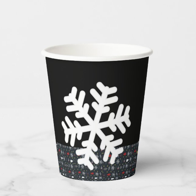 Gobelets En Papier Snowflakes et Feuilles de Noël avec dos noir (Recto)