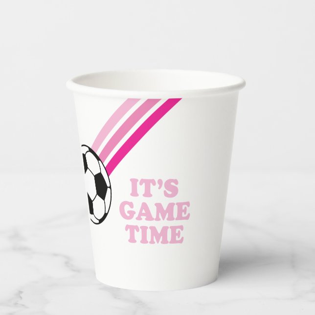 Gobelets En Papier Soccer Pink Stripes Jeu Heure Anniversaire (Recto)