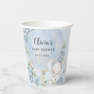Gobelets En Papier Soft Blue Floral Balloon Elephant Boy Baby Shower