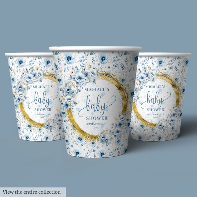 Gobelets En Papier Soignée pastel bleu fleurs or boho douche party (Stylish pastel blue flowers gold boho shower party Paper Cups)