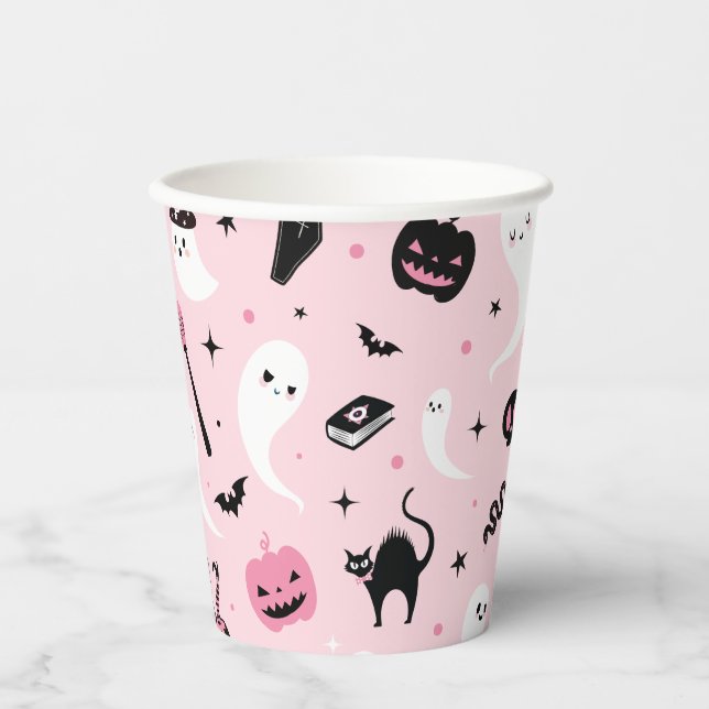 Gobelets En Papier Soirée d'Halloween rose (Recto)