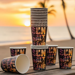 Gobelets En Papier Soleil Sel Sable Plage Chat Coucher de soleil Noir
