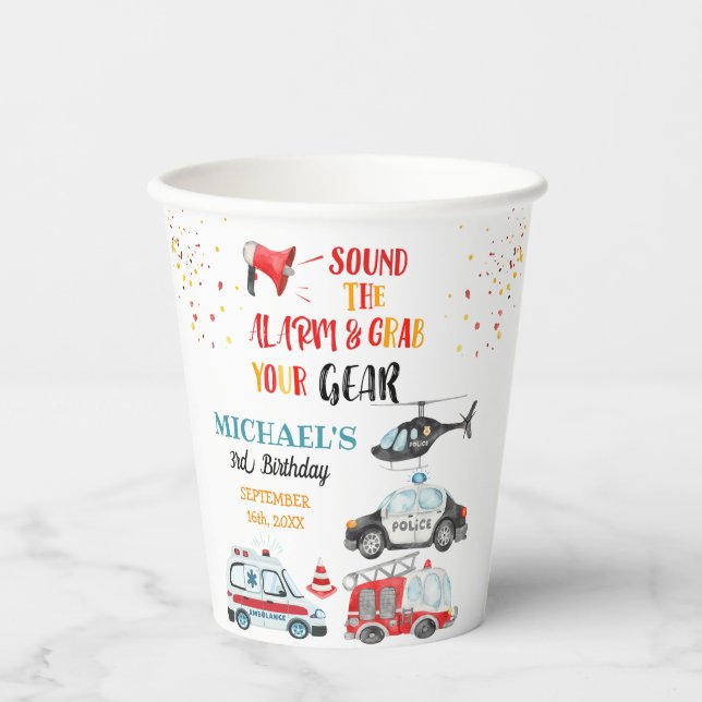 Gobelets En Papier Sonne l'alarme et attrape ton équipement 3e annive (Recto)