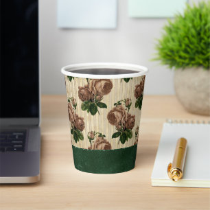 Gobelets En Papier Sorcière Rose Floral Crème Vintage rose et verte