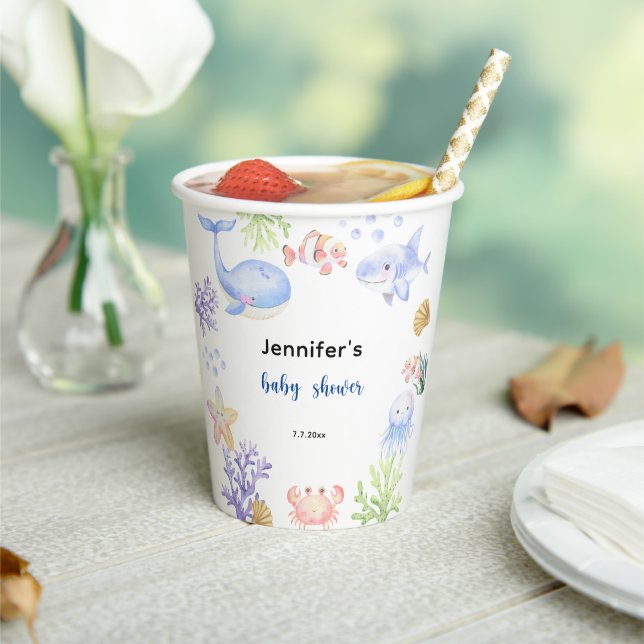 Gobelets En Papier Sous Le Baby shower De La Mer Animaux (Insitu)