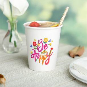 Gobelets En Papier Soyez Heureux – Floral Coloré et Papillon Bohème