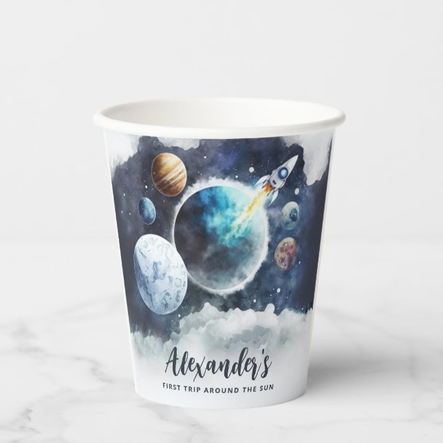 Gobelets En Papier Space Planètes & Rockship Boy 1er anniversaire (Recto)