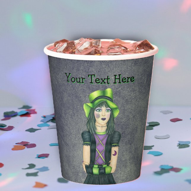 Gobelets En Papier Spooky Gothic Girl Tattoos Green Hat Glowing Grey (Cute Goth girl green hat black and purple dress tattoos on grey paper party drink cup.)