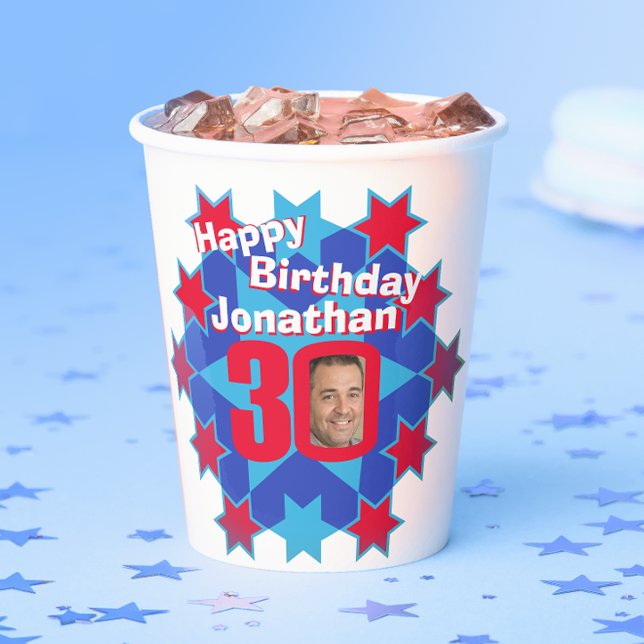 Gobelets En Papier Star rouge bleu 30e anniversaire deux photos tasse (Créateur téléchargé)