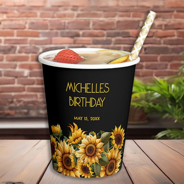 Gobelets En Papier Sunflower Black Rustic Nom élégant Anniversaire (Sunflowers on black birthday party paper cup)