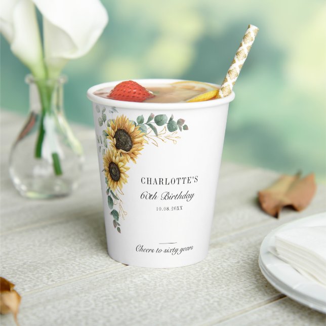 Gobelets En Papier Sunflower Eucalyptus floral Script 60e anniversair (Insitu)