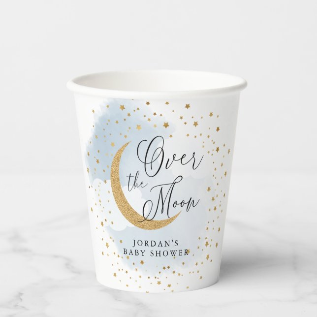 Gobelets En Papier Sur la Lune Gold & Blue Baby shower Personnalisé (Recto)
