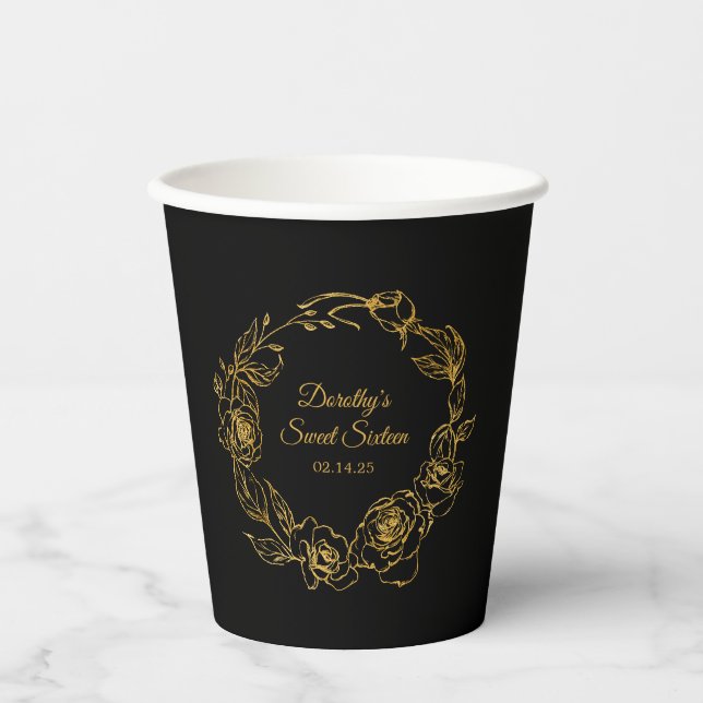 Gobelets En Papier Sweet 16 Anniversaire de fête Luxe Gold Rose Noir (Recto)