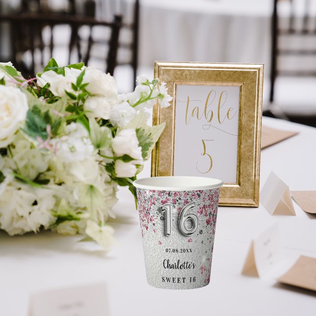Gobelets En Papier Sweet 16 parties scintillant rose argent scintille (Créateur téléchargé)