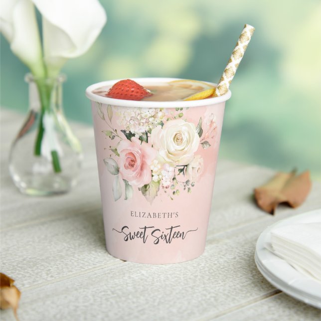 Gobelets En Papier Sweet 16 Rose Floral fête d'anniversaire (Insitu)