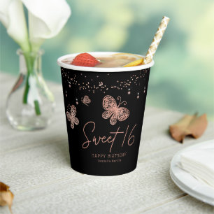 Gobelets En Papier Sweet 16 Rose Gold Butterfly Chic Moderne Annivers