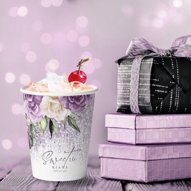 Gobelets En Papier Sweet sixteen floral étincelantes Mauve ID912 (Créateur téléchargé)