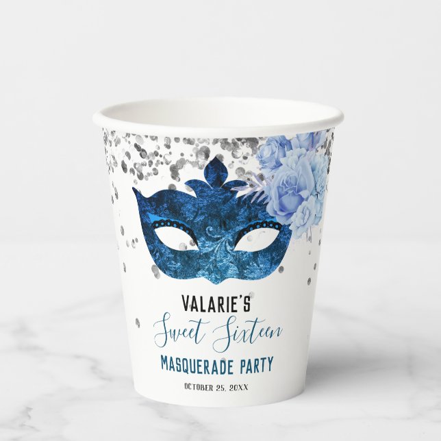 Gobelets En Papier Sweet sixteen Mascarade bleue (Recto)