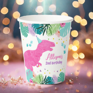 Gobelets En Papier T-Rex Pink Dinosaur Girl Dino Anniversaire préhist