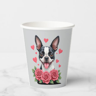 Gobelets En Papier T-shirt Boston Terrier avec Cœurs de Roses Rouges