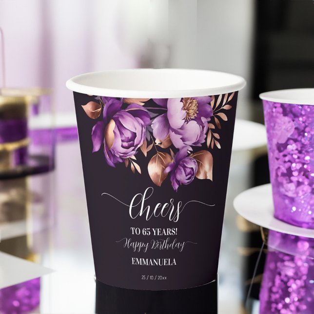 Gobelets En Papier Table de fête d'anniversaire violet peony modèle (Birthday party tableware purple peonies template Paper Cups personalized party cups 60th birthday)