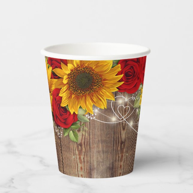 Gobelets En Papier Tasse en papier de tournesol rustique et de roses  (Recto)