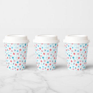 Gobelets En Papier Tasse en papier rouge bleu floral et noeud mignon 