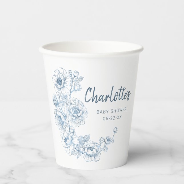 Gobelets En Papier Tasses de Baby shower chinoiserie - Dusty Blue Flo (Recto)