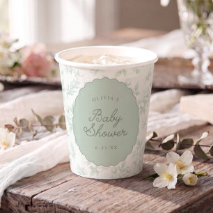 Gobelets En Papier Tasses de Baby Shower Floral Vintage Sage Français