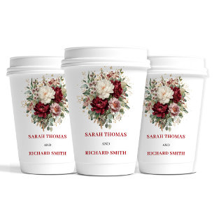 Gobelets En Papier Tasses de mariage florales bordeaux Blush Premium