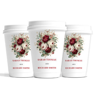 Gobelets En Papier Tasses de mariage florales bordeaux dorées Blush G