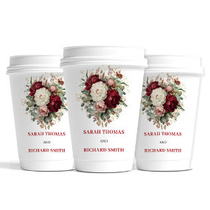 Gobelets En Papier Tasses de mariage florales bordeaux rouge profond