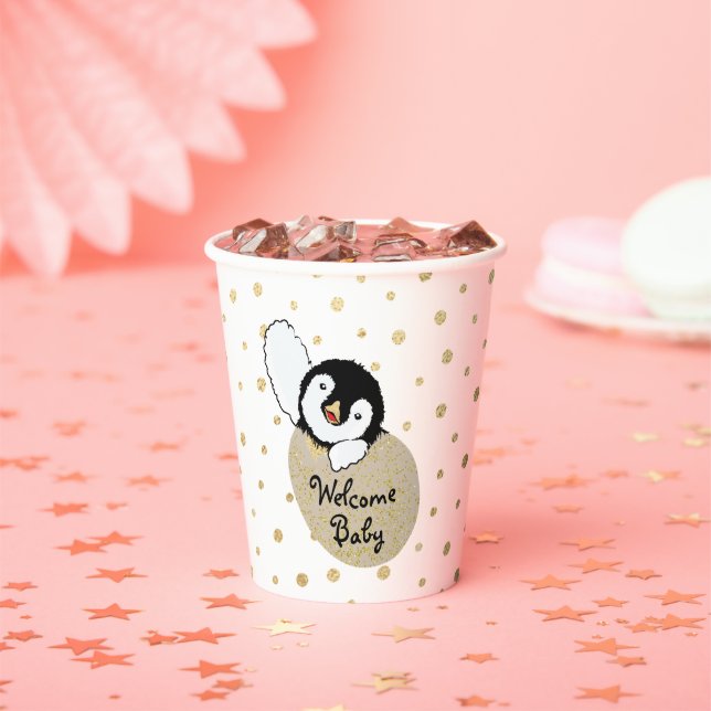 Gobelets En Papier Tasses en papier baby shower "Gold Baby Penguin" 8 (Insitu)