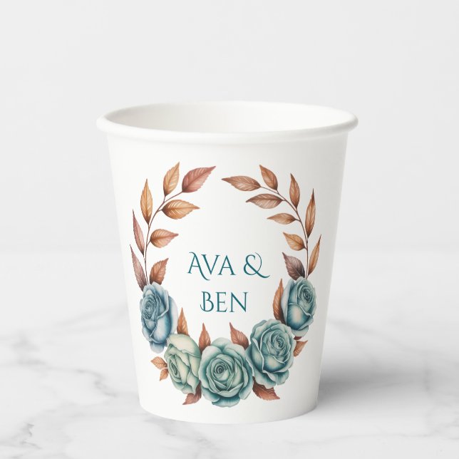 Gobelets En Papier Teal Roses and Copper Leaves Wedding (Recto)