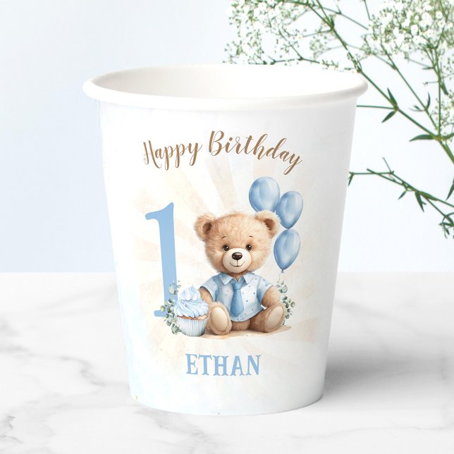 Gobelets En Papier Teddy Bear 1er Anniversaire Ballons Bleus Coupes e (Teddy Bear 1st Birthday Blue Balloons Paper Cups)