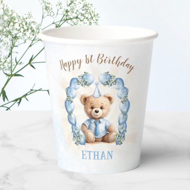 Gobelets En Papier Teddy Bear 1er Birthday Boy Blue Balloons (Teddy Bear 1st Birthday Boy Blue Balloons Paper Cups)